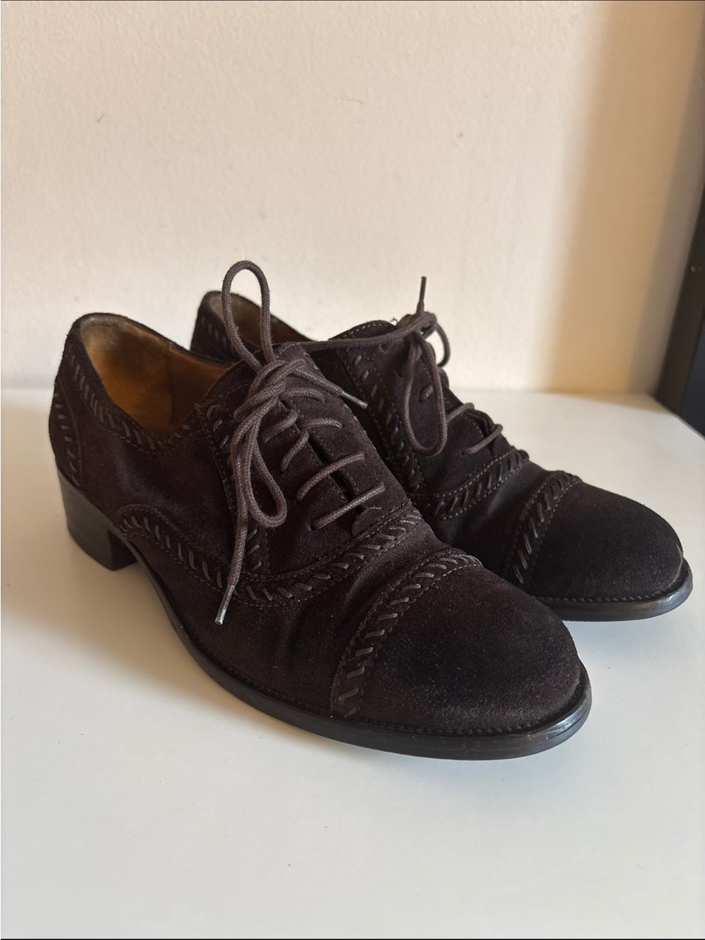 Joan & David Dark Brown Suede Lace-Up Derbys with Braided Trim
